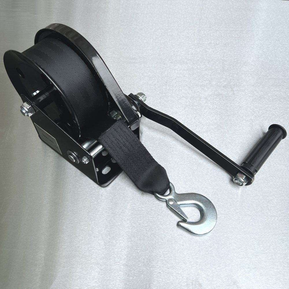 Black Coated Braked Hand Winch complete with Webbing Strap and Hook