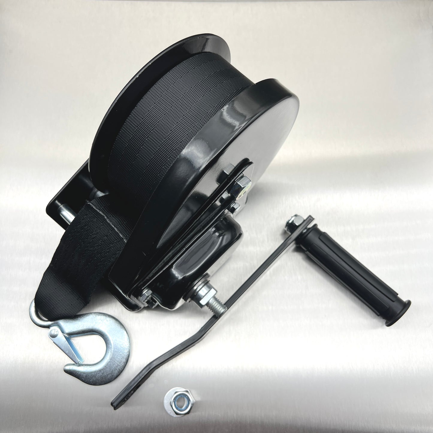 Black Coated Braked Hand Winch complete with Webbing Strap and Hook