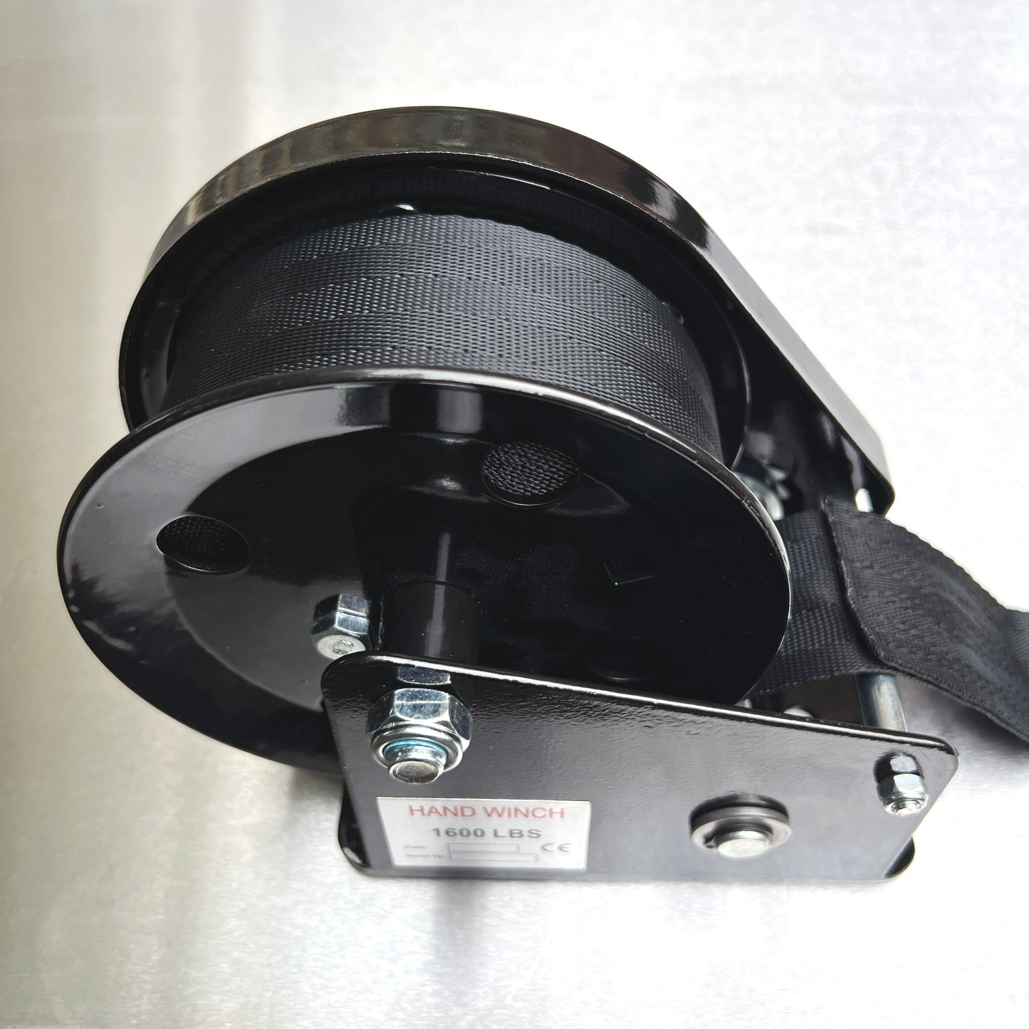 Black Coated Braked Hand Winch complete with Webbing Strap and Hook