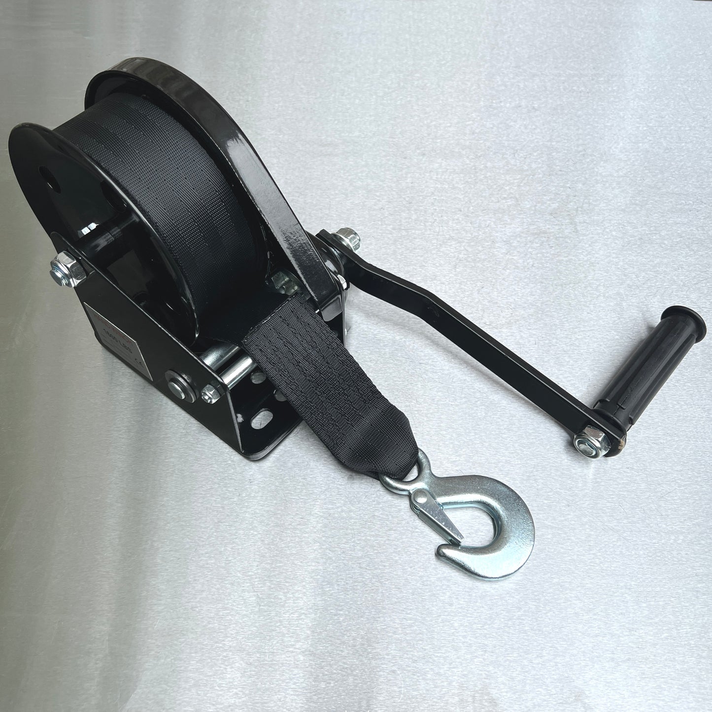 Black Coated Braked Hand Winch complete with Webbing Strap and Hook