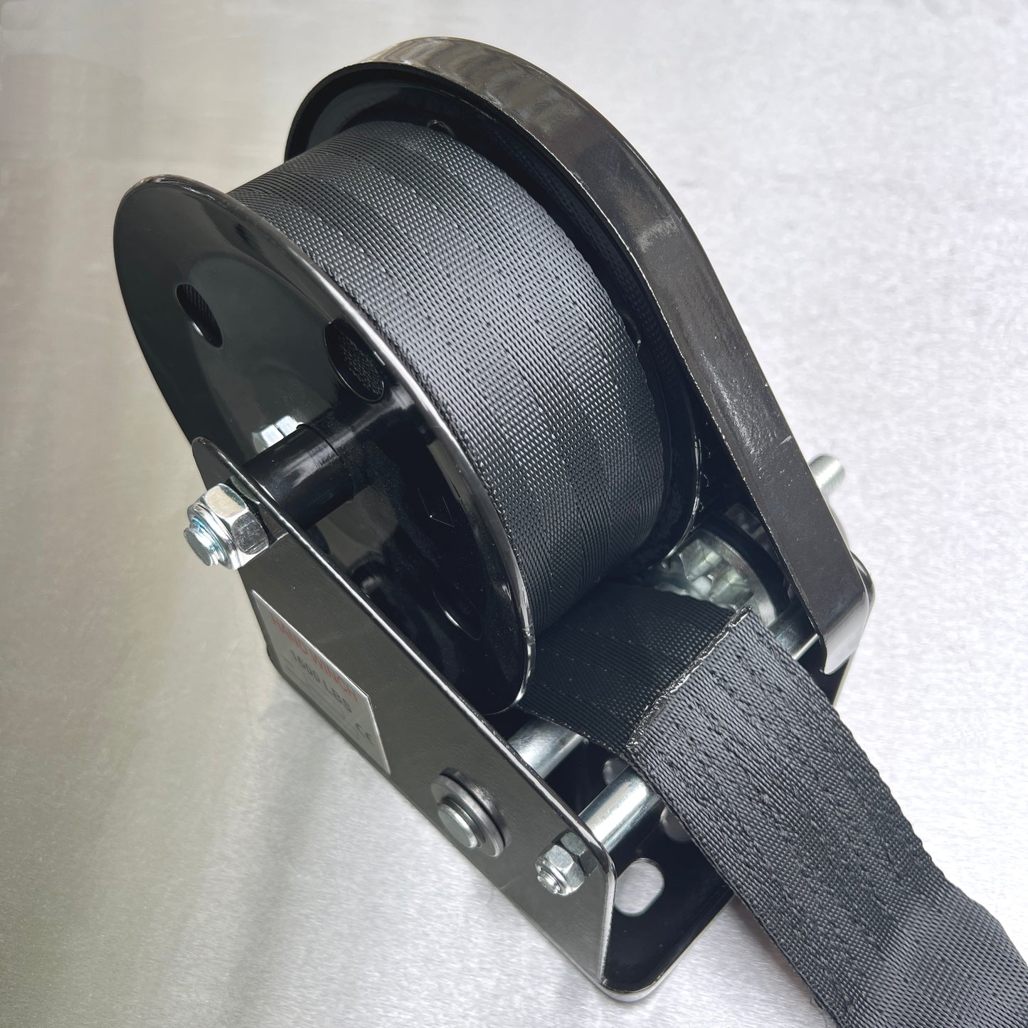 Black Coated Braked Hand Winch complete with Webbing Strap and Hook