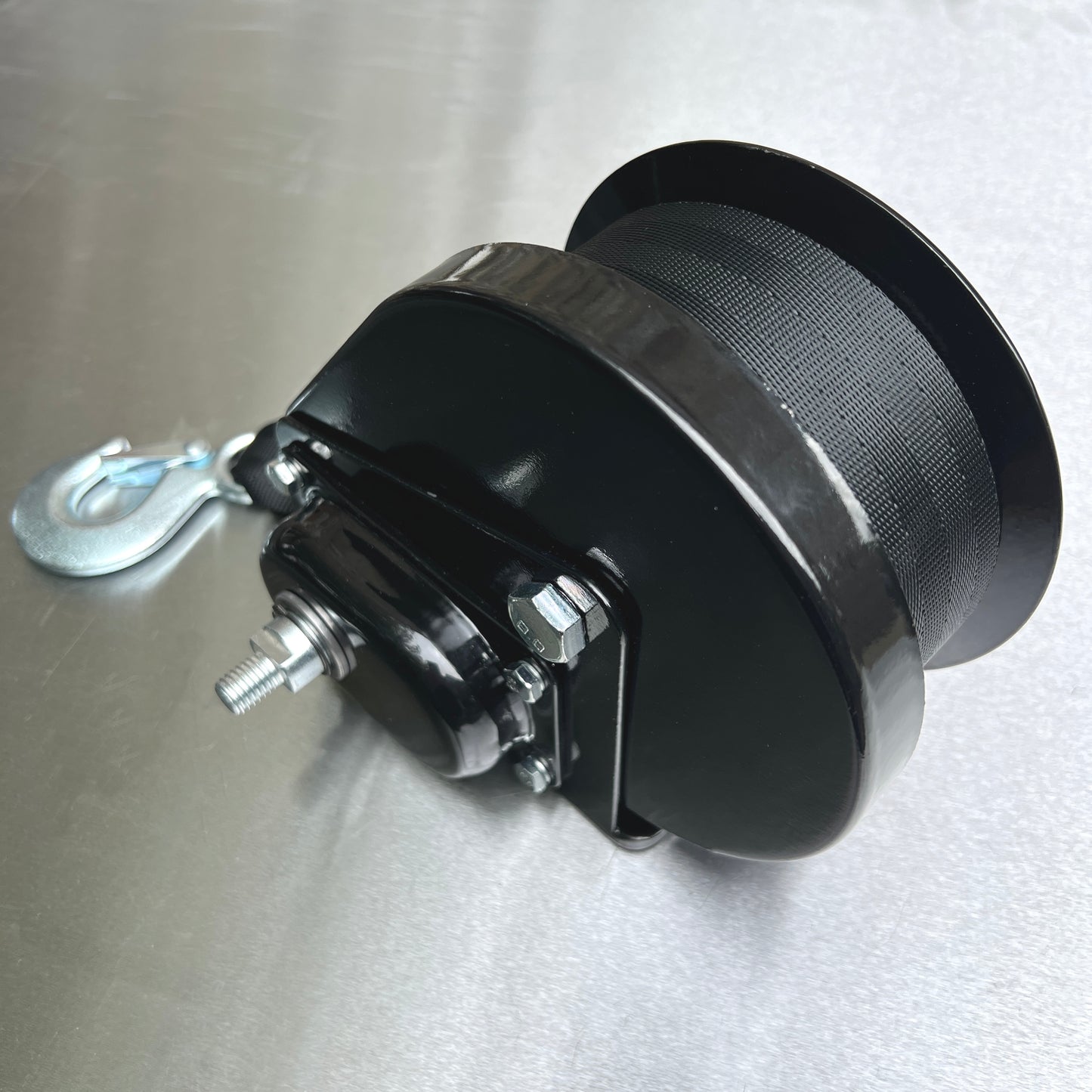 Black Coated Braked Hand Winch complete with Webbing Strap and Hook