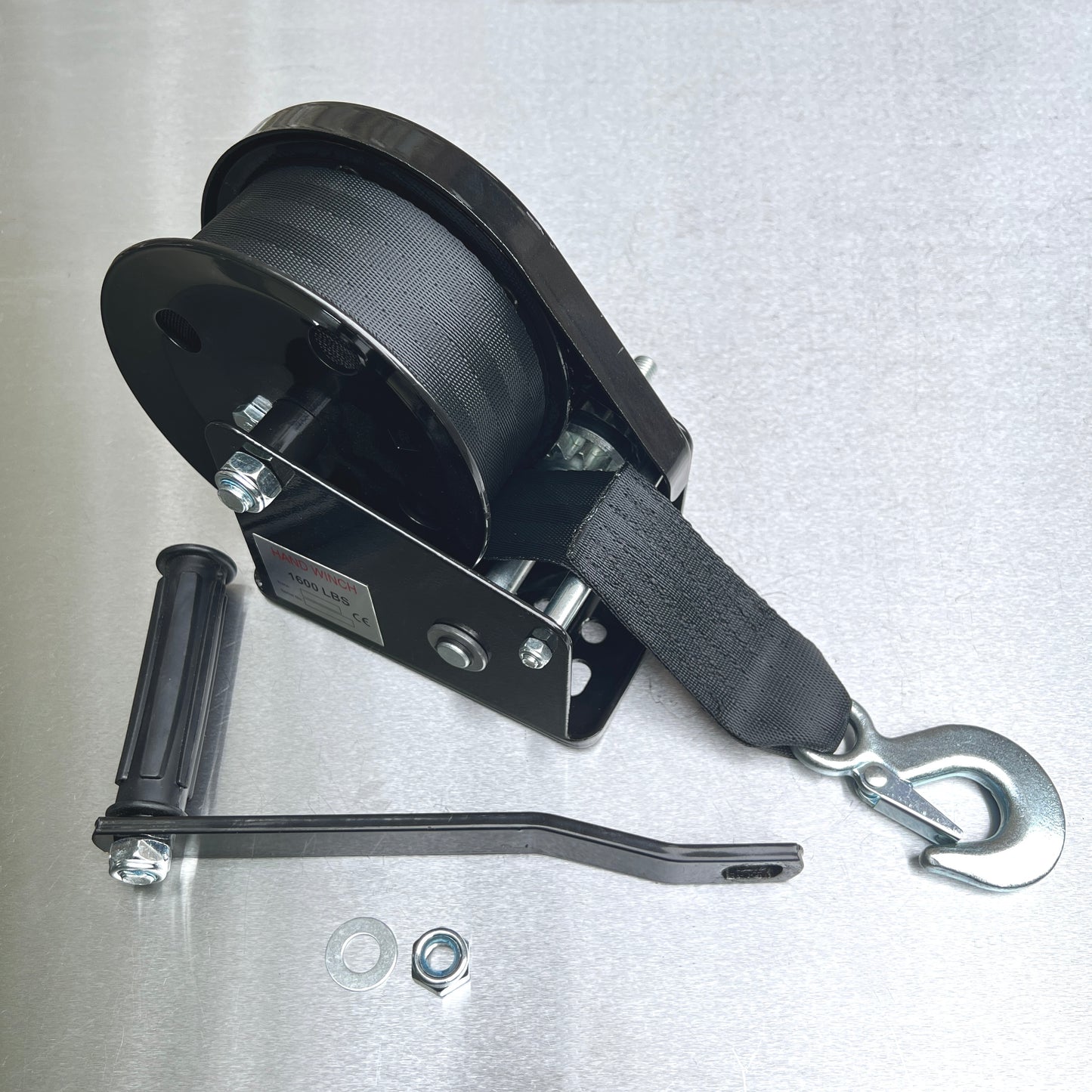 Black Coated Braked Hand Winch complete with Webbing Strap and Hook