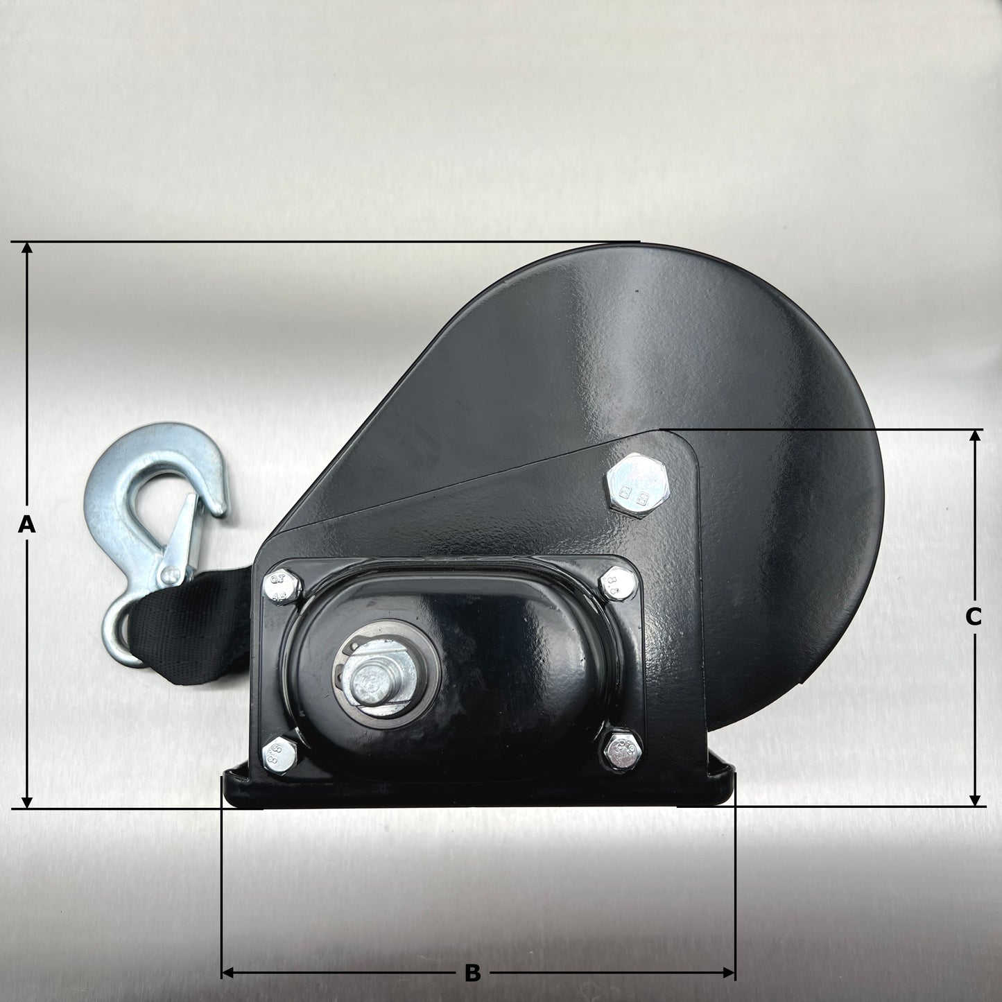 Black Coated Braked Hand Winch complete with Webbing Strap and Hook