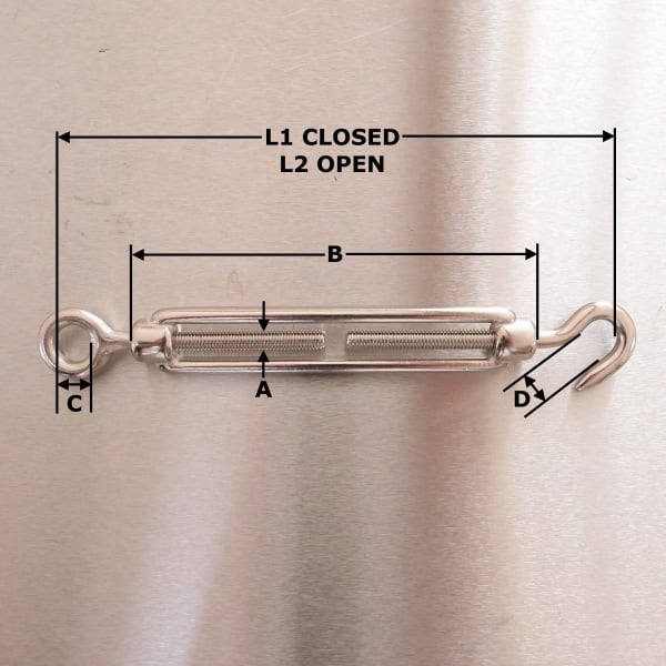 Stainless Steel Open Body Turnbuckles - Straining Screw - Hook and Eye - AISI 316