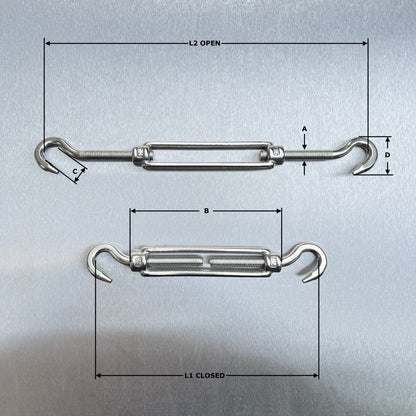 Stainless Steel Open Body Turnbuckles - Straining Screw - Hook and Hook