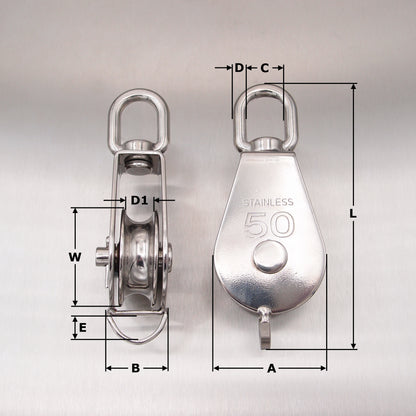 Stainless Steel Single Sheave Blocks with Swivel Oval Eye & Becket - AISI 316