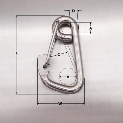 Stainless Steel Formed Eye Carbine Hooks with Spring Wire Safety Catch - AISI 316
