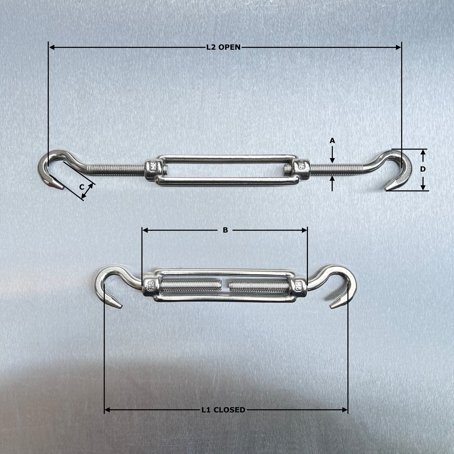 Turnbuckle - Hook & Hook - Stainless Steel AISI 316 - Open Body Straining Screw